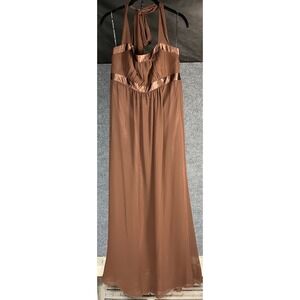 VTG Jessica McClintock Bridal Halter Maxi Dress‎ Brown Satin Trim Formal Size 14